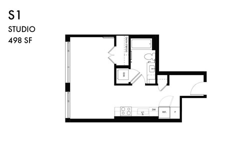 A black and white image of a floor plan for a studio apartment.